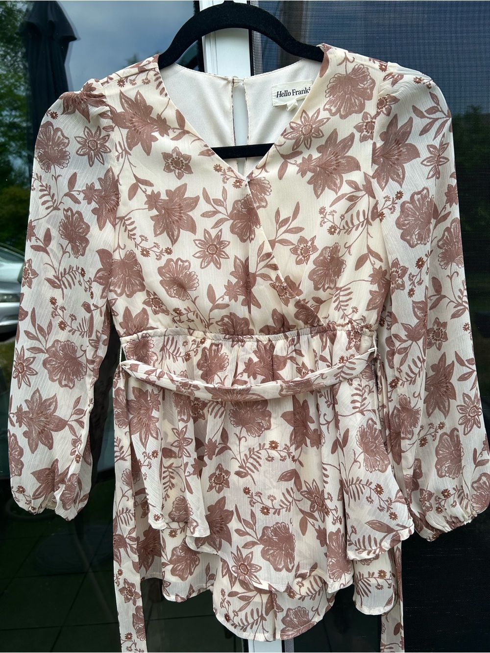 Girls' Cream Floral Wrap Dress with Brown Print